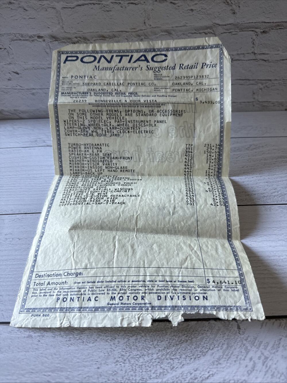1960’s Pontiac Bonneville 4 Door Vista Original New Car Window Sticker